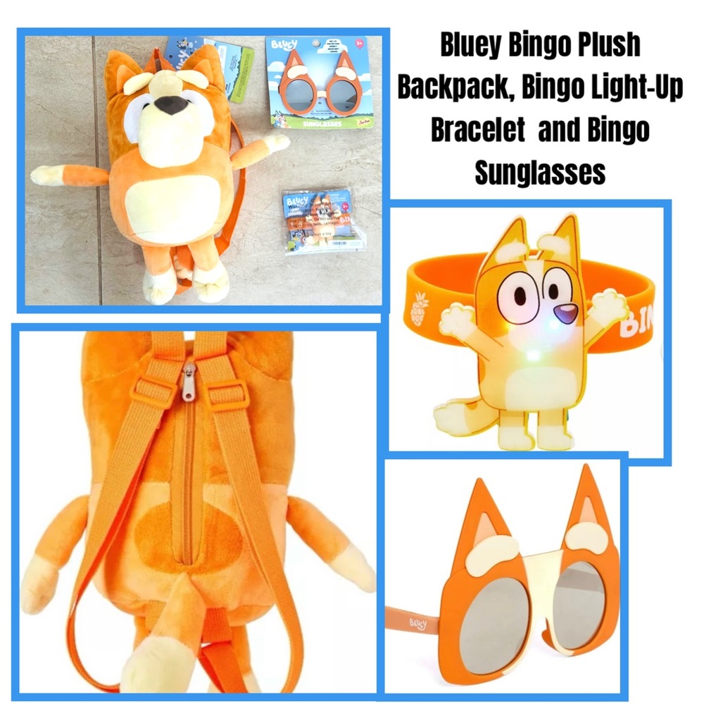 Bluey Bingo Plush Backpack, Bingo Light-Up Bracelet and Bingo Sunglasses - Picture 1 of 12